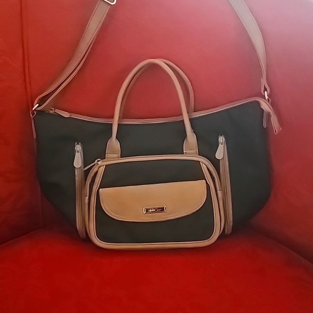 Multi Sac Crossbody Black/Tan Vegan Leather Handbag Adjustable Strap & Handles